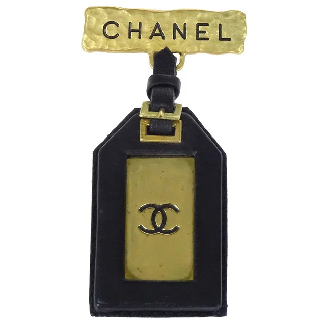 Chanel Dangle Leather Brooch Pin Gold Black 94P in Black Leather from AMORE Vintage Tokyo