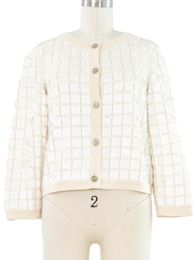 2008 Chanel Ivory Sequined Cashmere Cardigan in White Cashmere from Arcade Vintage