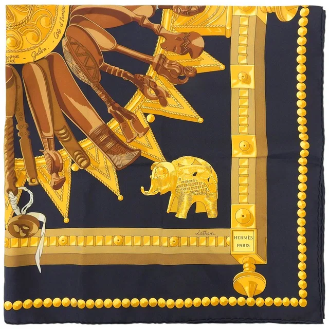 Hermès Carre 90 Cuillers D'afrique Scarf Black/Yellow/Brown in Black Silk from VINTAGE QOO TOKYO
