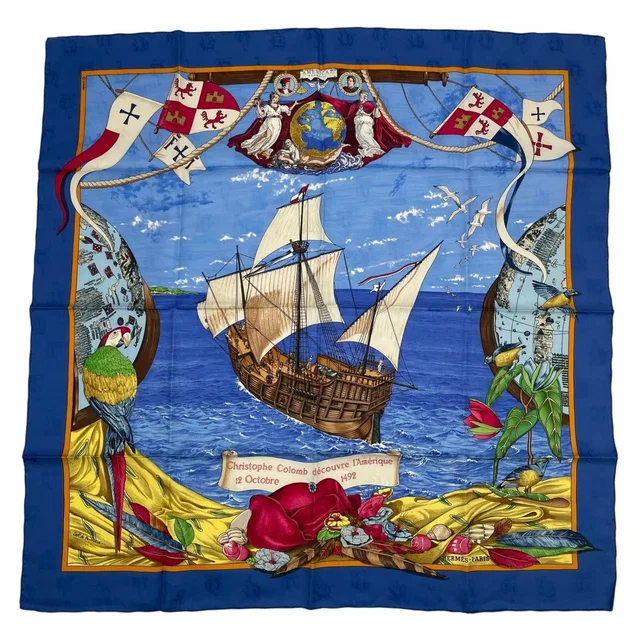 Hermès Scarf Silk Carre 90 Christophe Colomb Decouvre L'amerique 12 Octobre in Silk from The Reluxe