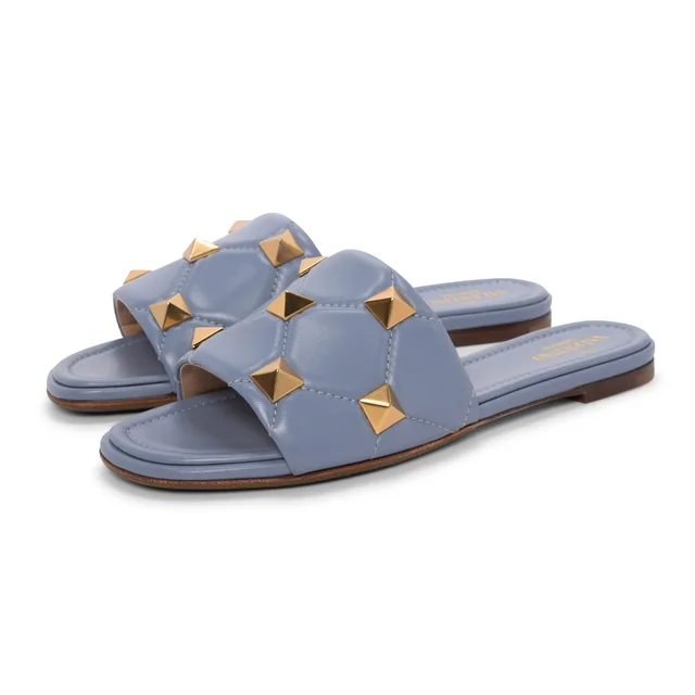 Valentino Garavani Roman Stud Flat Slides 39 in Niagara Lambskin from Blue Spinach