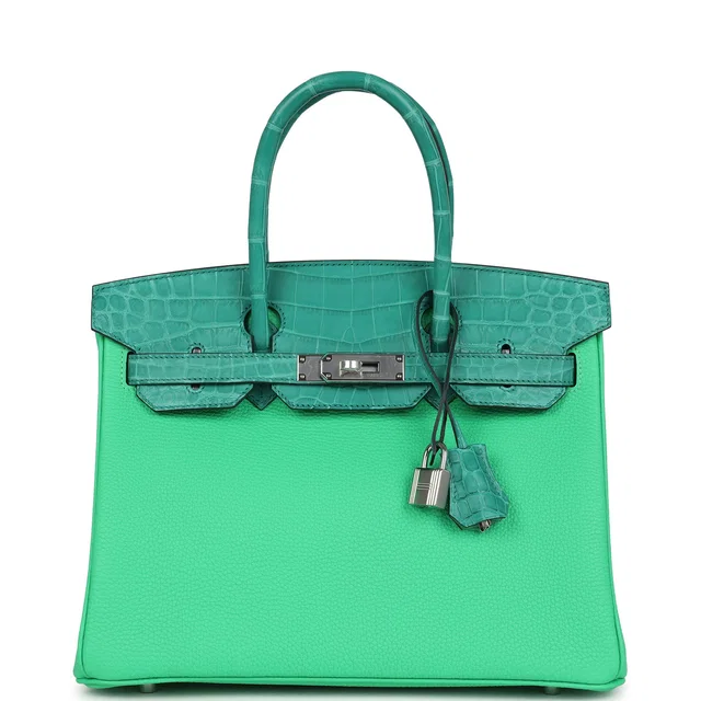 Hermès Birkin 30 Vert Comics Togo and Vert Jade Niloticus Crocodile Touch Palladium Hardware in Green Togo leather from Madison Avenue Couture