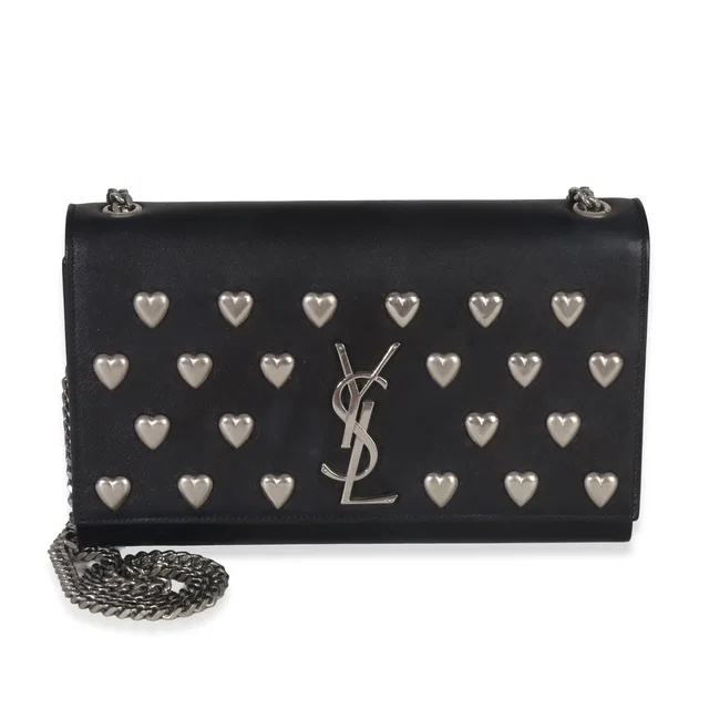 Saint Laurent Black Smooth Calfskin Studded Heart Medium Kate Chain Bag in Black Calfskin from myGemma