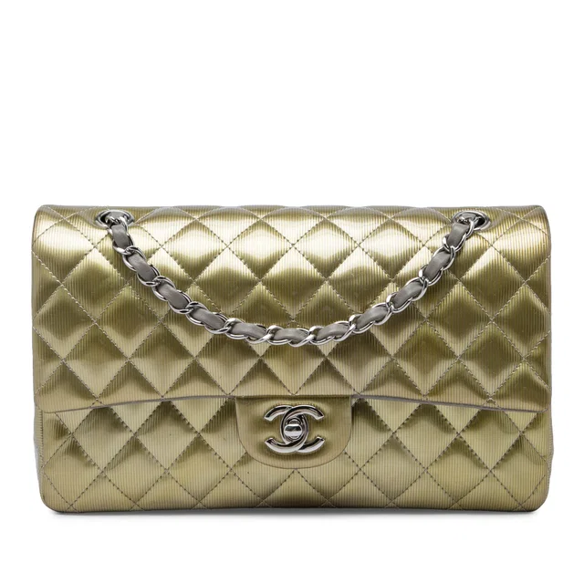 Gold Chanel Medium Classic Striated Patent Double Flap Shoulder Bag in Gold Patent leather from Designer Revival