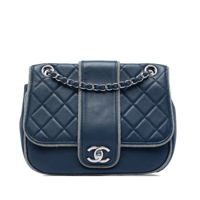 Blue Chanel Medium Quilted Lambskin and Metallic Trim Elementary Chic Flap Crossbody Bag in Blue Lambskin from Designer Revival