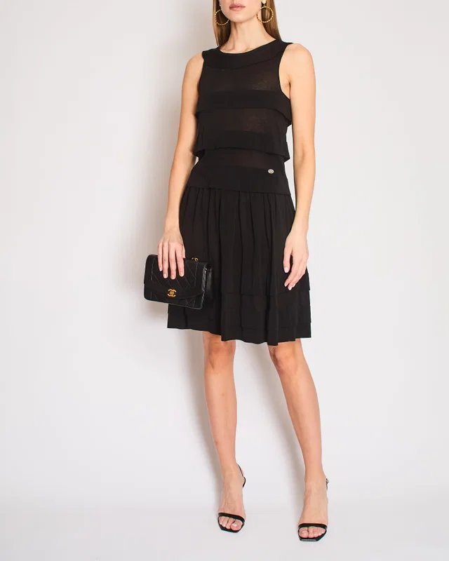Chanel Vintage 06P Black Sleeveless Tiered Mini Dress with Silver CC Logo Button Detail Size FR 38… in Black from Sellier