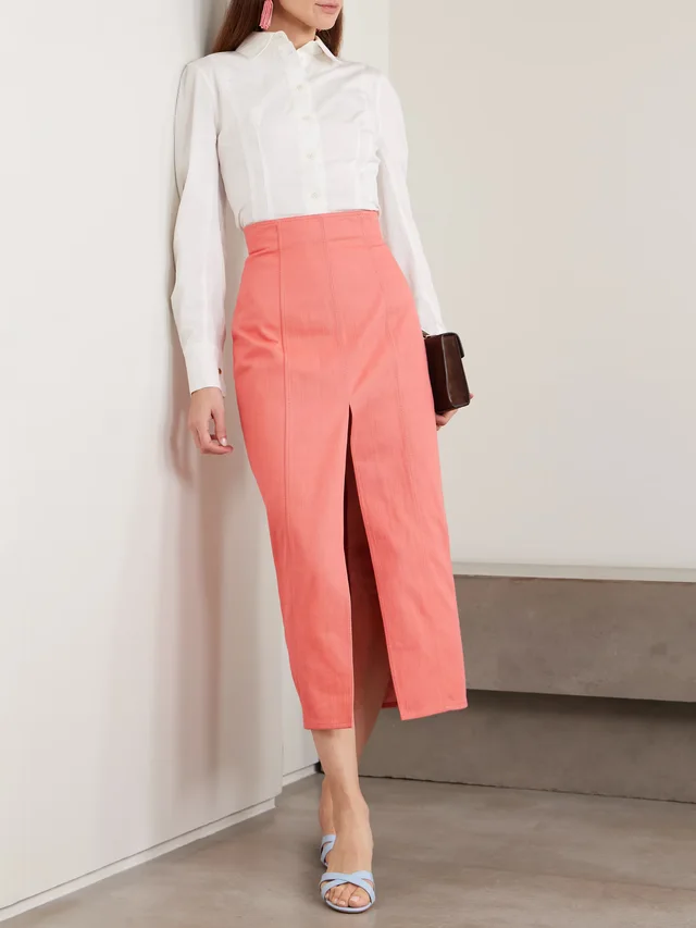 CAROLINA HERRERA Denim midi skirt in Pink, photo 2 of 2 from NET-A-PORTER (Canada)