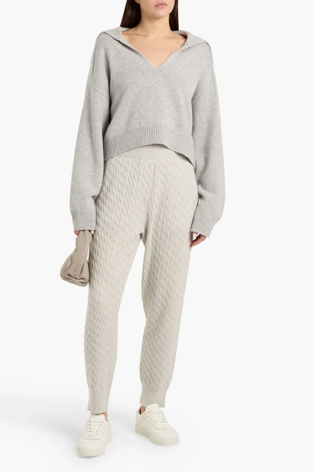 Brunello Cucinelli Cable-Knit Cashmere Track Pants in Stone, photo 2 of 4 from THE OUTNET