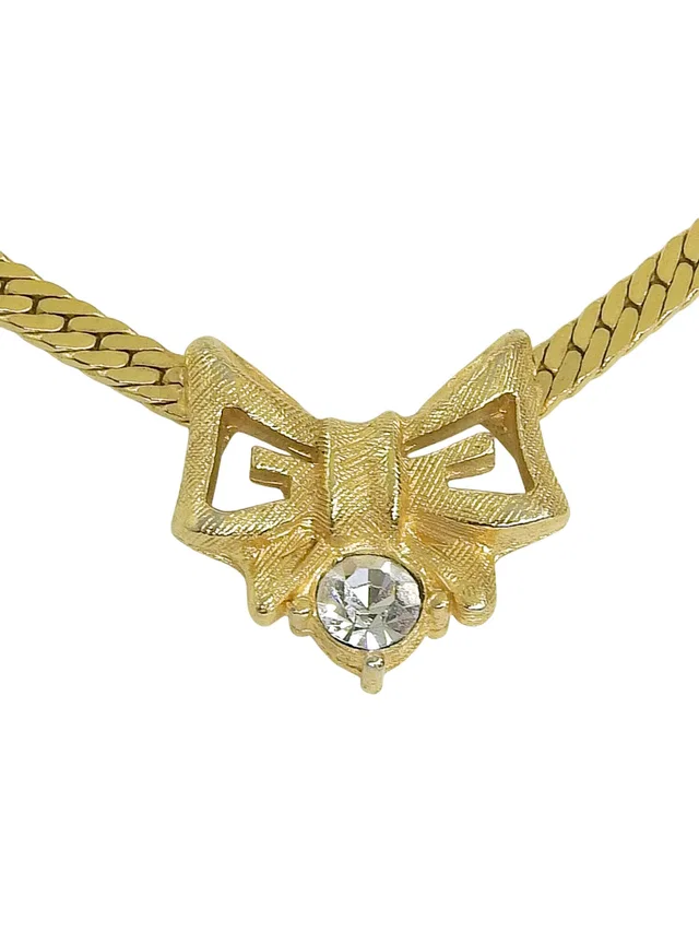 Givenchy Rhinestone Ribbon Motif Necklace - Gold in Gold from VINTAGE QOO TOKYO
