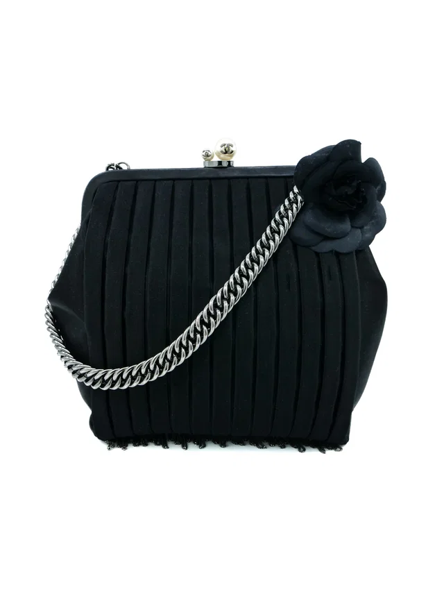 Chanel Black Satin Chain Fringe Evening Bag in Black Satin from Arcade Vintage