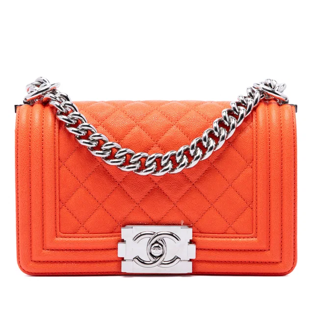 Orange Chanel Small Quilted Caviar Boy Flap Crossbody Bag in Orange Caviar leather from Designer Revival