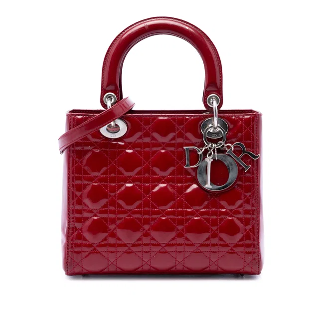 Red Dior Medium Patent Cannage Lady Dior Satchel in Red Patent leather from Designer Revival