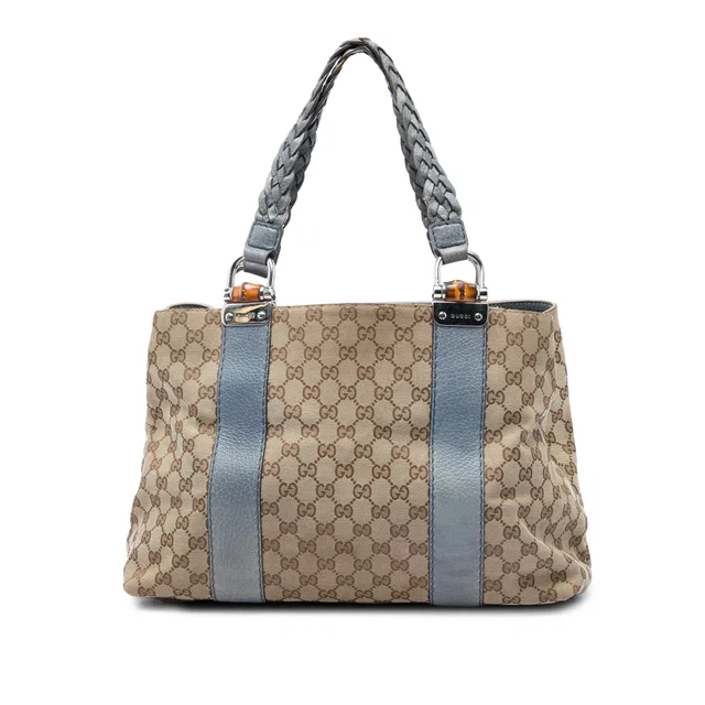 Blue Gucci Medium GG Canvas Bamboo Libeccio Tote in Blue Canvas from Designer Revival