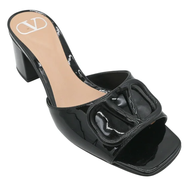 Valentino Garavani VLogo Signature Patent Slide Sandals in Patent leather from Clotheshorse Anonymous
