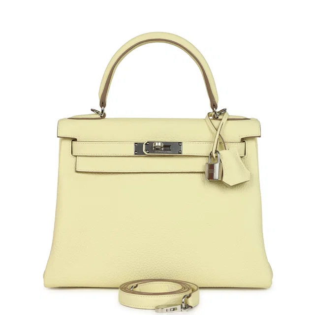 Hermès Kelly Retourne 28 Jaune Milton Clemence Palladium Hardware in Yellow Clemence leather from Madison Avenue Couture