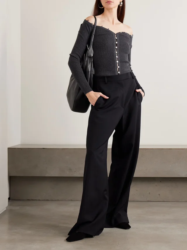 STAUD Keaton off-the-shoulder ribbed cotton and wool-blend cardigan in Grey, photo 2 of 2 from NET-A-PORTER (Canada)