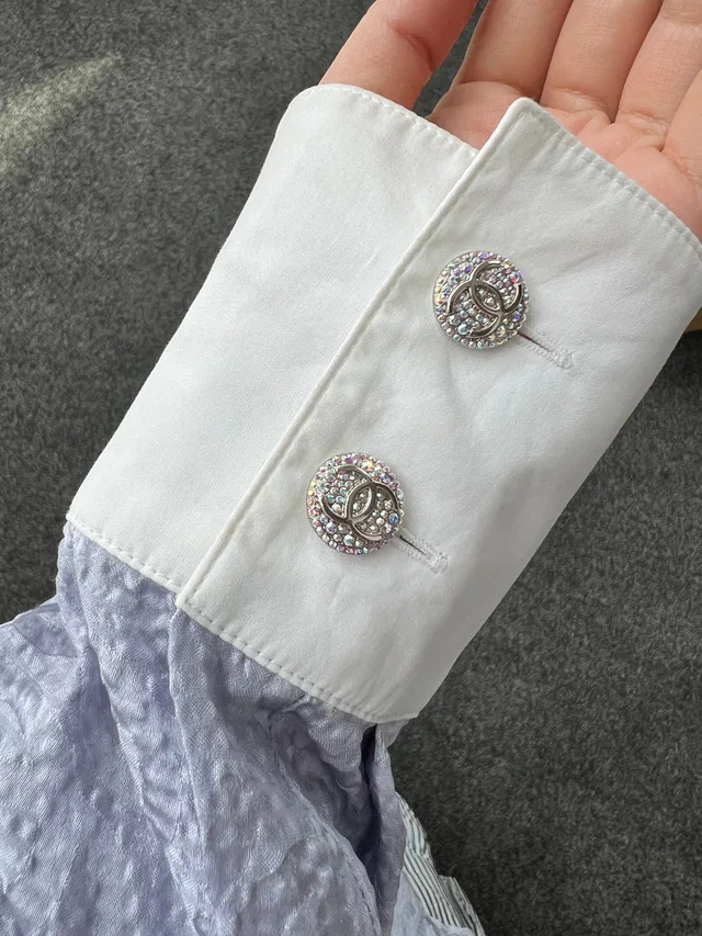 Chanel Logo Silk Shirt Lilac/White Sz 38 in White Silk from Luxury Promise