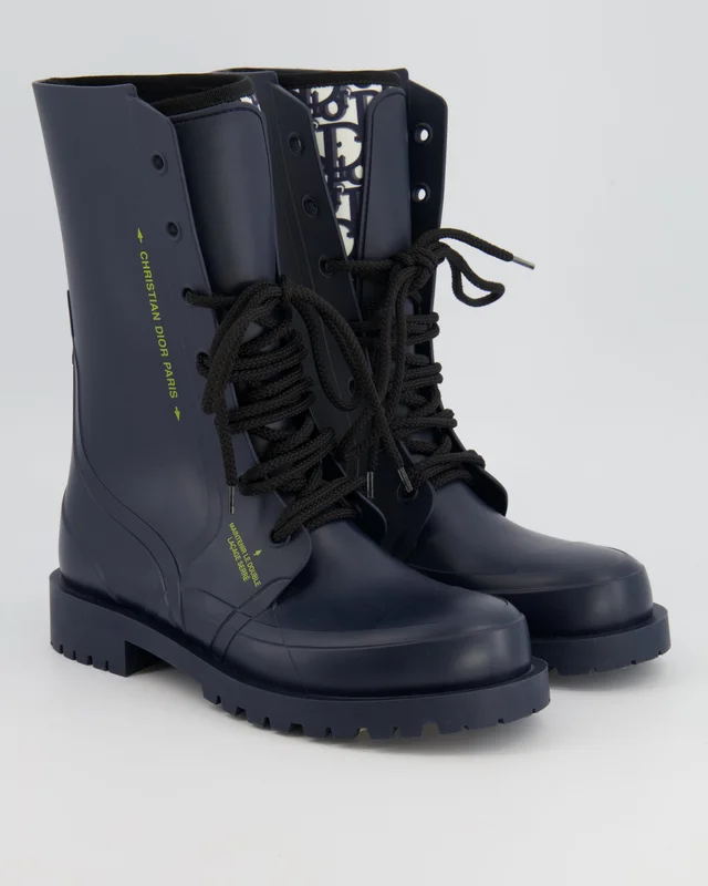 Dior Rubber DiorCamp Combat Boots in Navy Blue with Oblique Motif Lining Size EU 38 in Navy from Sellier, photo 2 of 2
