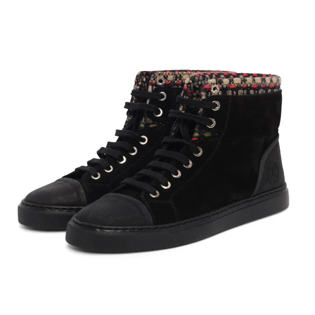 Chanel Tweed Trim High-Top Sneakers 38 in Black Suede from Blue Spinach