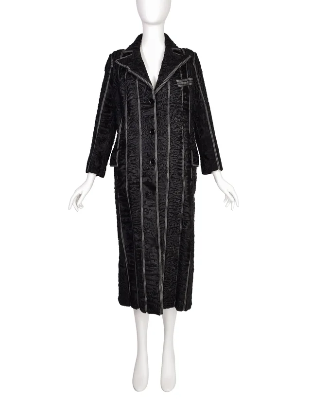 Fendi Vintage Black Persian Lamb Fur Stitched Panel Collared Button Up Coat in Black Silk from Amarcord Vintage Fashion