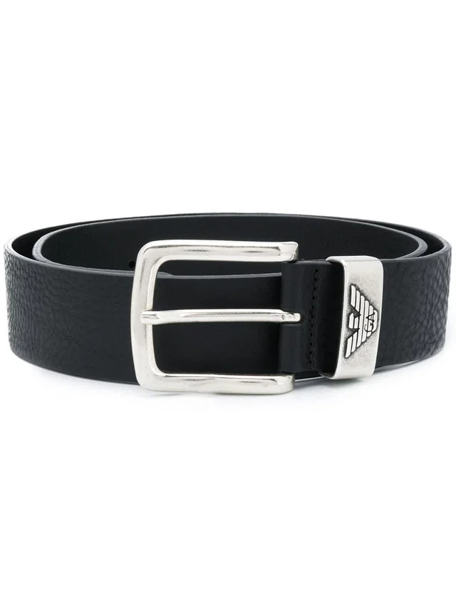 Giorgio Armani Logo Plaque Leather Belt — Black in Black Leather from HEWI