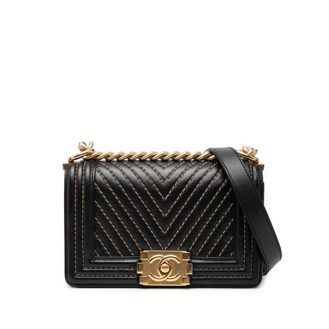Black Chanel Small Chevron Lambskin Stitched Boy Flap Crossbody Bag in Black Lambskin from Designer Revival