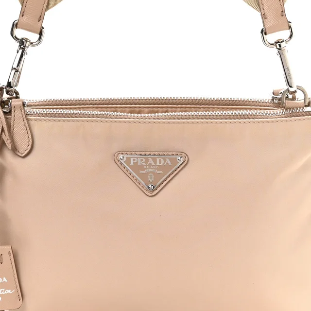 Prada Re-Nylon Saffiano Re-Edition 2000 Double Zip Crossbody Bag Cammeo in Saffiano leather from FASHIONPHILE, photo 9 of 11
