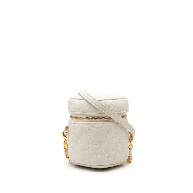 White Dior DiorAmour Micro Lambskin Cannage Heart Vanity Case with Chain Crossbody Bag in White Lambskin from Designer Revival