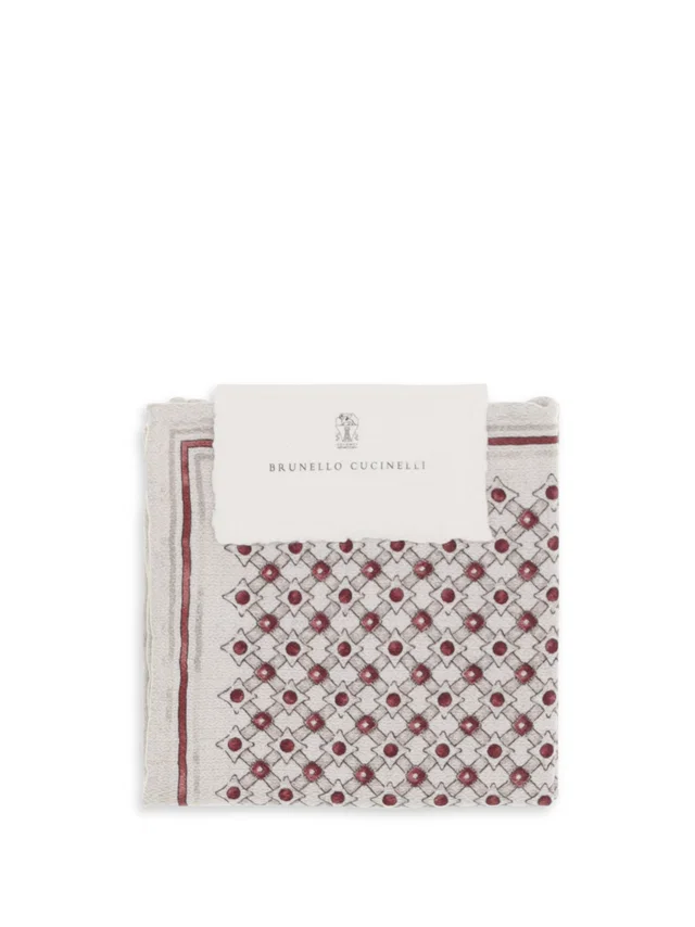 Brunello Cucinelli Geometric-Patterned Silk Pocket Square — Beige Scarfs in Beige Silk from HEWI