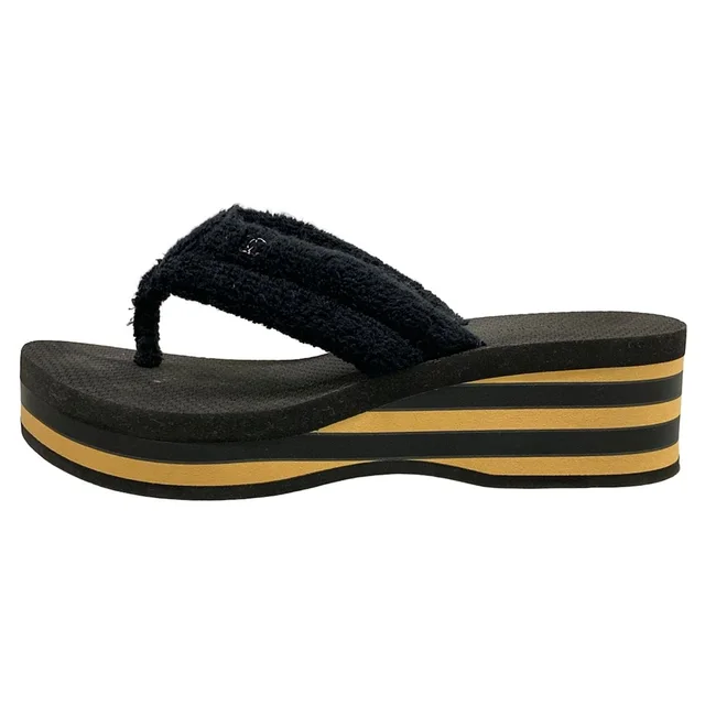 Chanel Beach Sandals Black Light Brown CC Logo Border Wedge Cotton in Black from The Reluxe