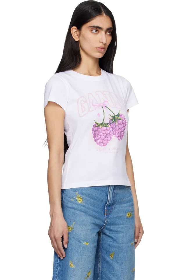 GANNI White Baby Fit Raspberries T-shirt, photo 2 of 4 from SSENSE