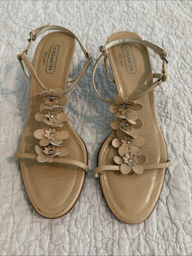 Coach Tan Leather Floral T-Strap Sandals, Sz 9.5 in neutral|brown Leather from Poshmark