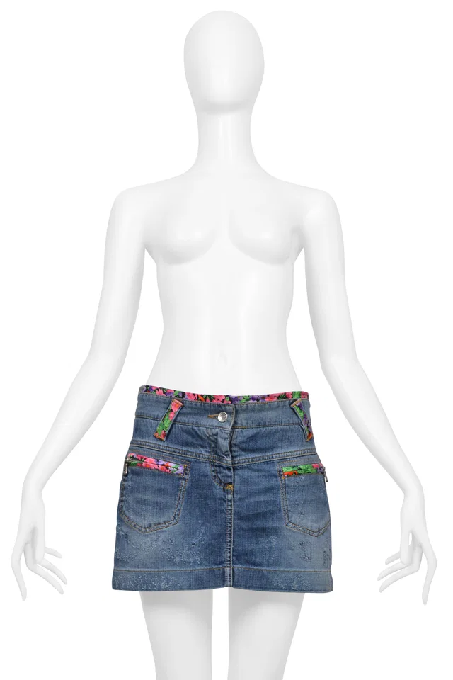 Dolce & Gabbana Blue Denim Super-mini Skirt With Floral Trim in Blue Denim from Resurrection Vintage