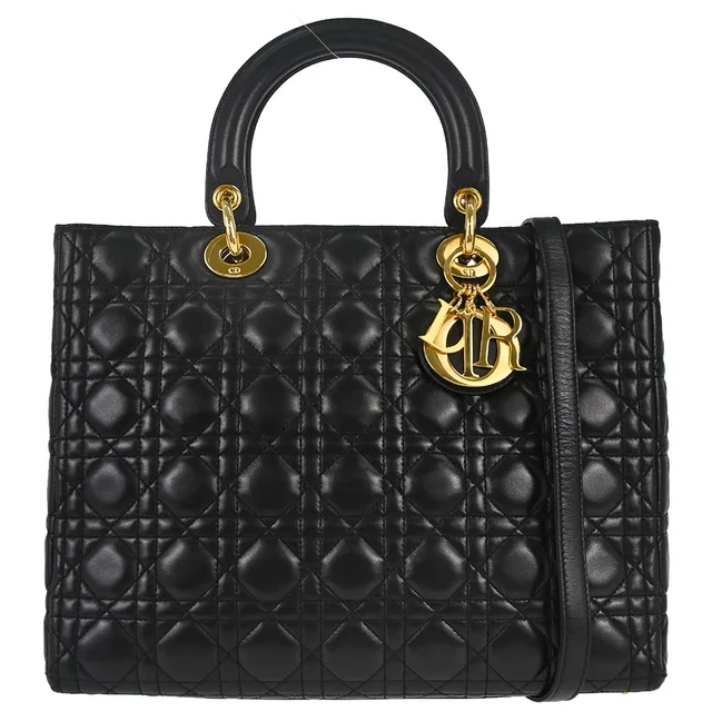 1999 Black Lambskin Large Lady Dior Cannage 2way Shoulder Handbag in Black Lambskin from AMORE Vintage Tokyo
