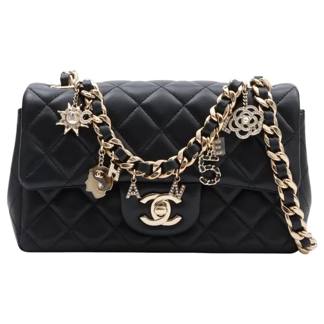 Chanel 2020-era CC Turnlock Multi-Charm Chain Bag, Black in Black Leather from VINTAGE QOO TOKYO