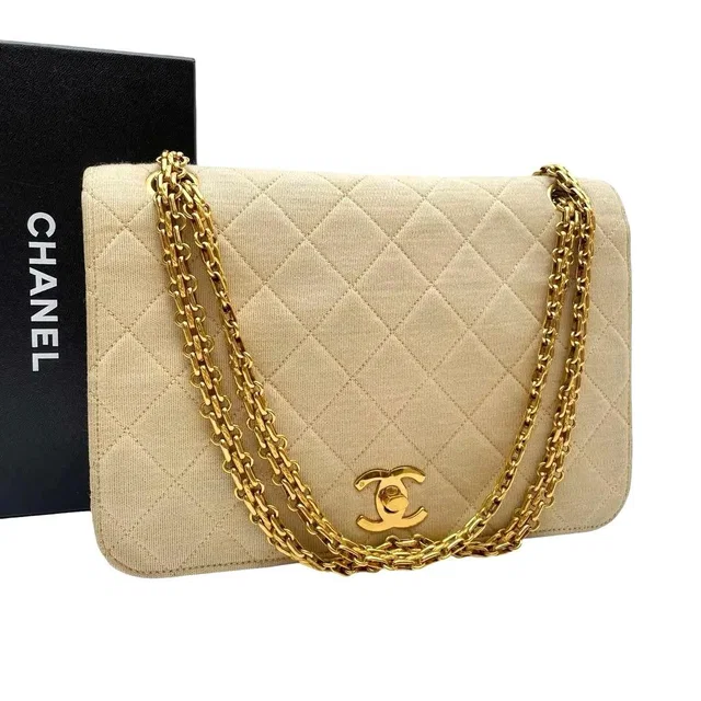 Chanel Cotton Quilted Double Chain Shoulder Bag CC Logo from The Reluxe