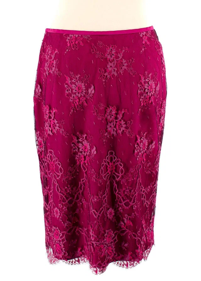 Escada Cherry Lace Mink Fur Trimmed Silk Lace Top and Skirt in Silk from HEWI