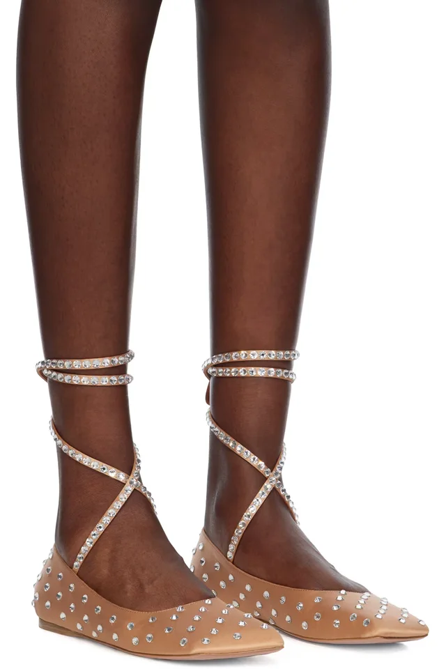 Amina Muaddi Beige Ane Crystal Lace Up Ballerina Flats, photo 4 of 5 from SSENSE