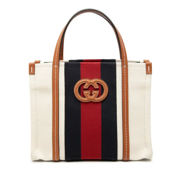 Beige Gucci Mini Canvas Interlocking G Web Tote Satchel in Beige Canvas from Designer Revival