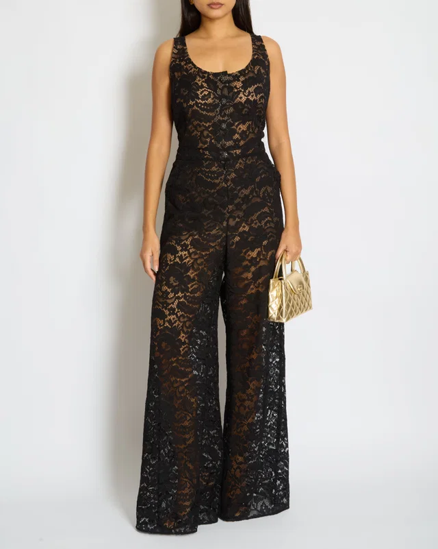 Chanel Black Floral Print Lace Jumpsuit Size FR 42 (UK 14) in Black Silk from Sellier