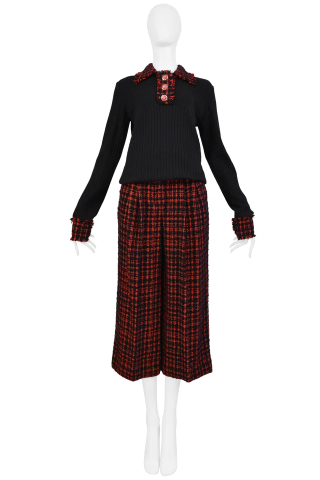 Dolce & Gabbana Black Ribbed Sweater And Plaid Pants in Black Nylon from Resurrection Vintage