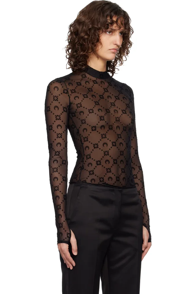 Marine Serre Black Moonogram Mesh Flock Second Skin Top, photo 2 of 5 from SSENSE