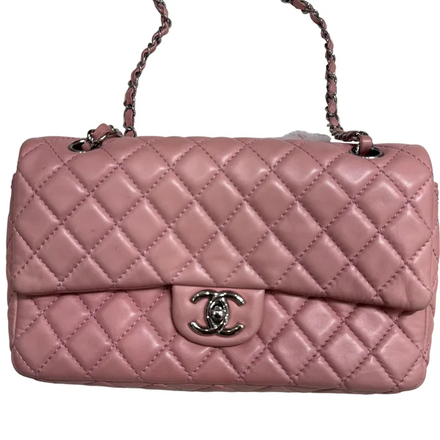 Chanel Pink Lambskin Matelasse Double Flap, Medium in Pink Lambskin from SparklesnDreams