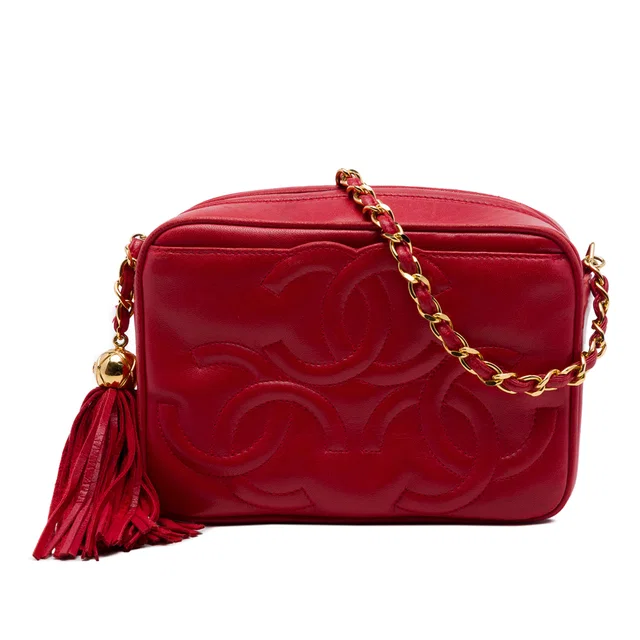 Red Chanel Triple CC Lambskin Tassel Chain Camera Bag in Red Lambskin from Designer Revival