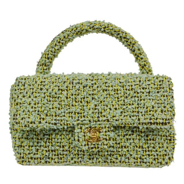 Chanel 1991-1994 Classic Flap Handbag Medium Tweed Green in Green Tweed from AMORE Vintage Tokyo