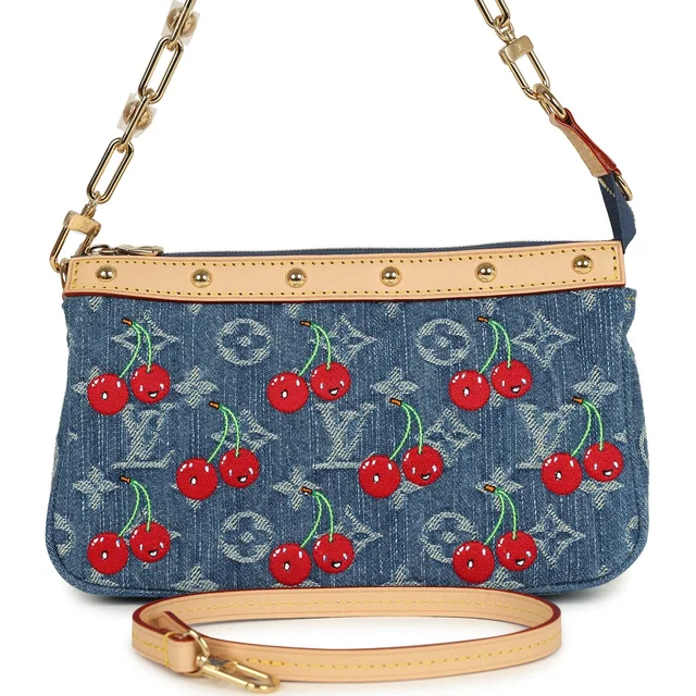 Louis Vuitton X Takashi Murakami Cherry Pochette Accessories Denim Monogram Gold Hardware in Denim from Madison Avenue Couture