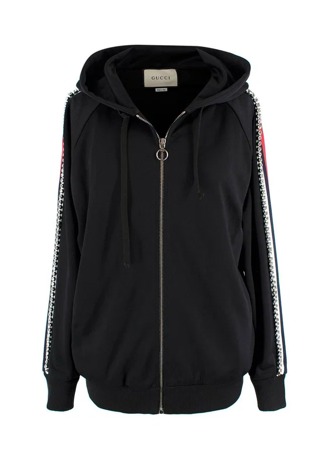 Gucci Black Crystal Stripe Sleeve Zip Up Hoodie in Black from HEWI