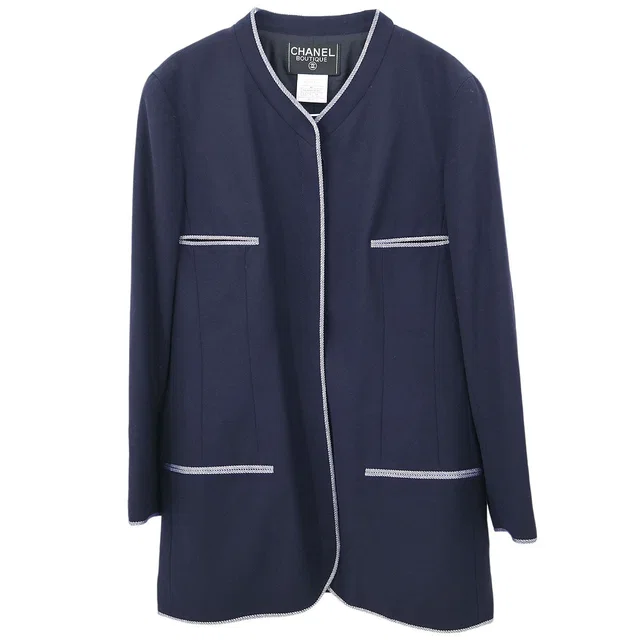 Chanel 1996 Collarless Jacket Navy 96P #44 in Navy Wool from AMORE Vintage Tokyo