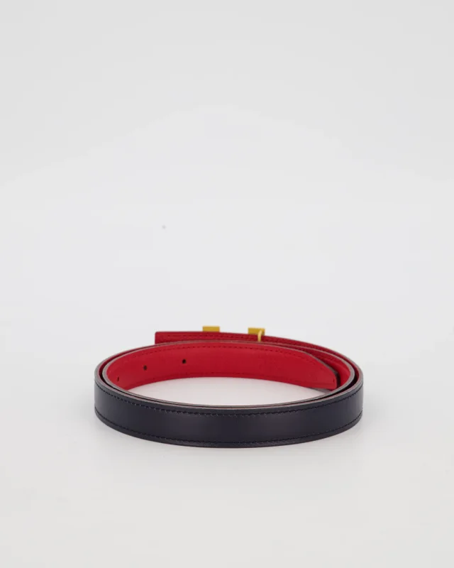 Hermès Au Carré Reversible Belt in Bleu Navy with Rouge De Coeur Interior and Gold H Buckle 75cm in Red Leather from Sellier, photo 3 of 4