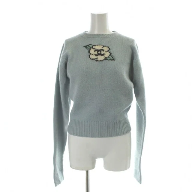 Chanel 95A Vintage Cashmere Knit Sweater Camellia CC Logo Long Sleeve 40 M Blue in Blue Cashmere from The Reluxe